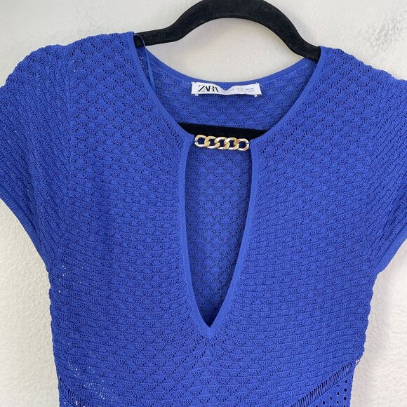 Zara Womens Small Blue Sheer Pointelle Knit Chain Midi Dress Short Sleeve - Picture 4 of 9